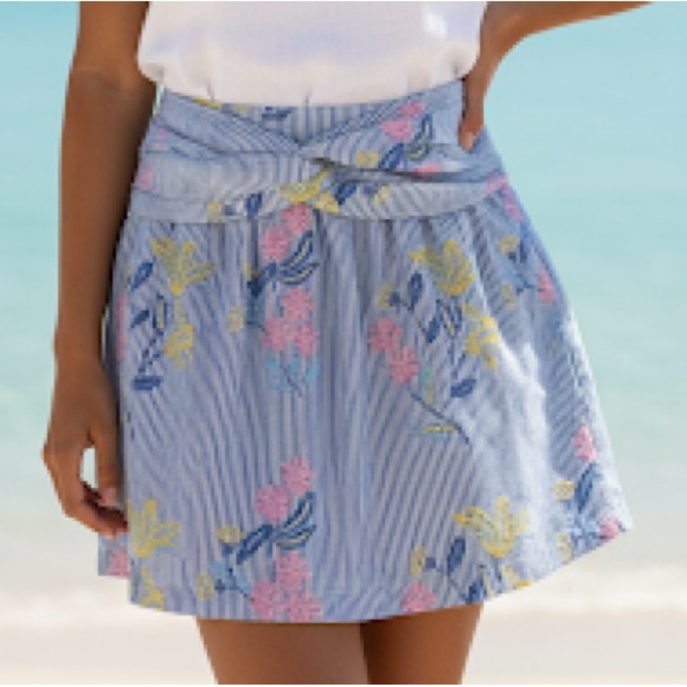 Santorini Cotton Blue & White Stripe Floral Embroidered Twist Waist Skirt 25”
